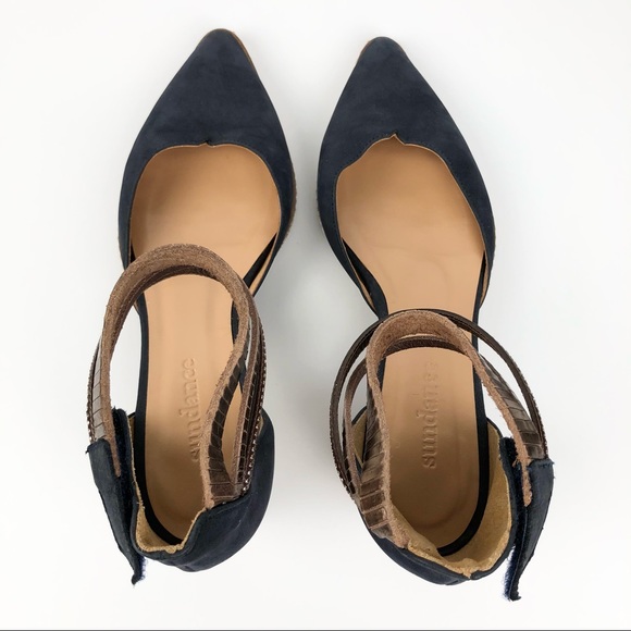 Sundance Navy Leather Ankle Strap Heels - Picture 7 of 14